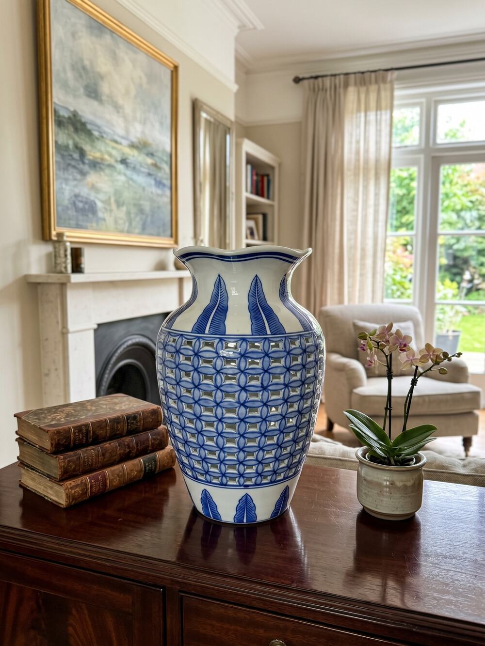 Vintage Chinese Blue and White Reticulated Cutout Porcelain Vase Pierced Lattice